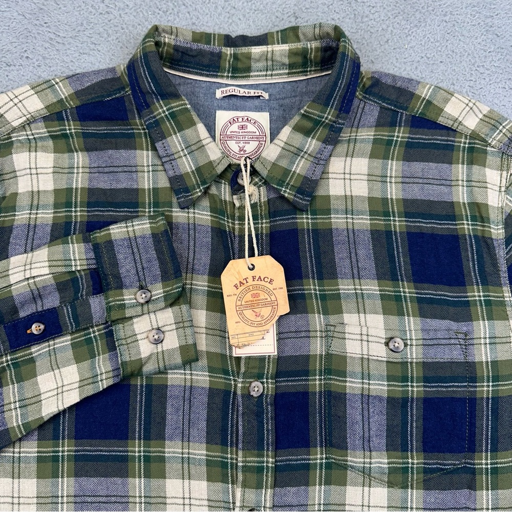 Fat Face Shirt Mens XXL Green Blue Plaid Flannel Cotton Long Sleeve Outdoor‎ NEW